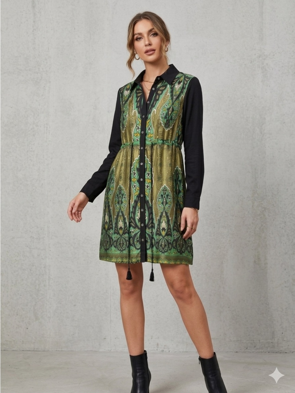 Uncle Frank Silk Mixed Media Paisley Shirt Dress XS EUC Long Sleeve Green Black